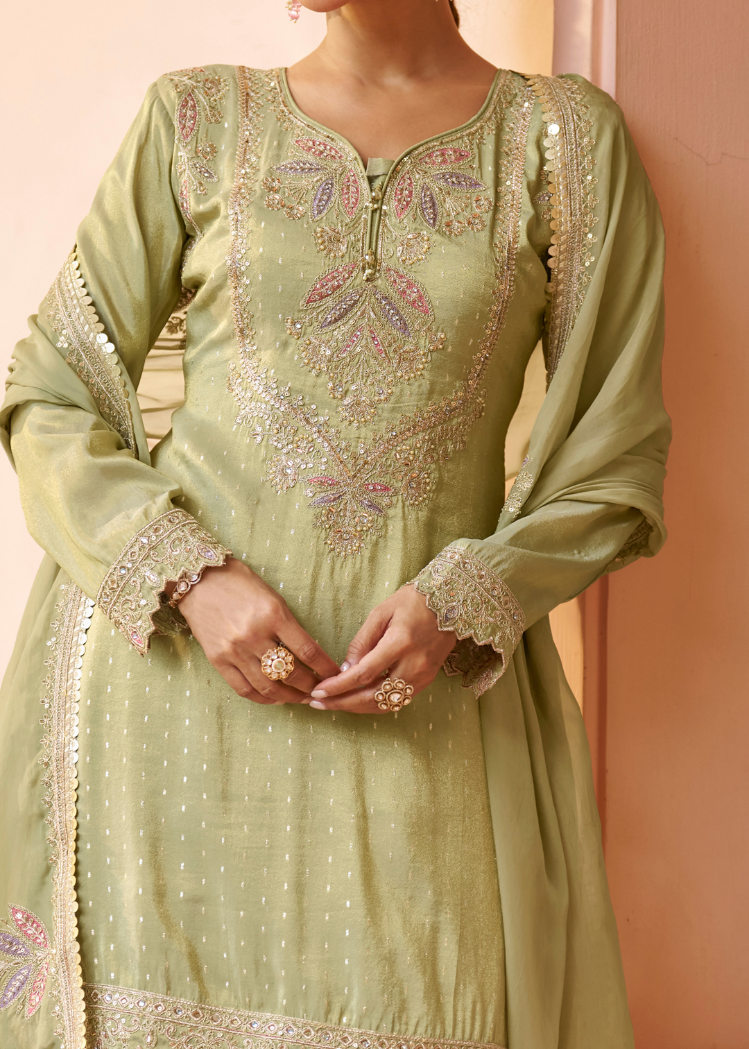 Pastel Green Embroidered Chinon Sharara Suit