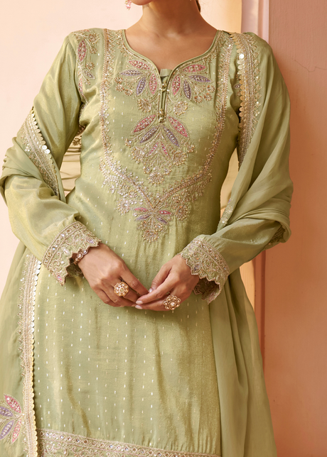Pastel Green Embroidered Chinon Sharara Suit