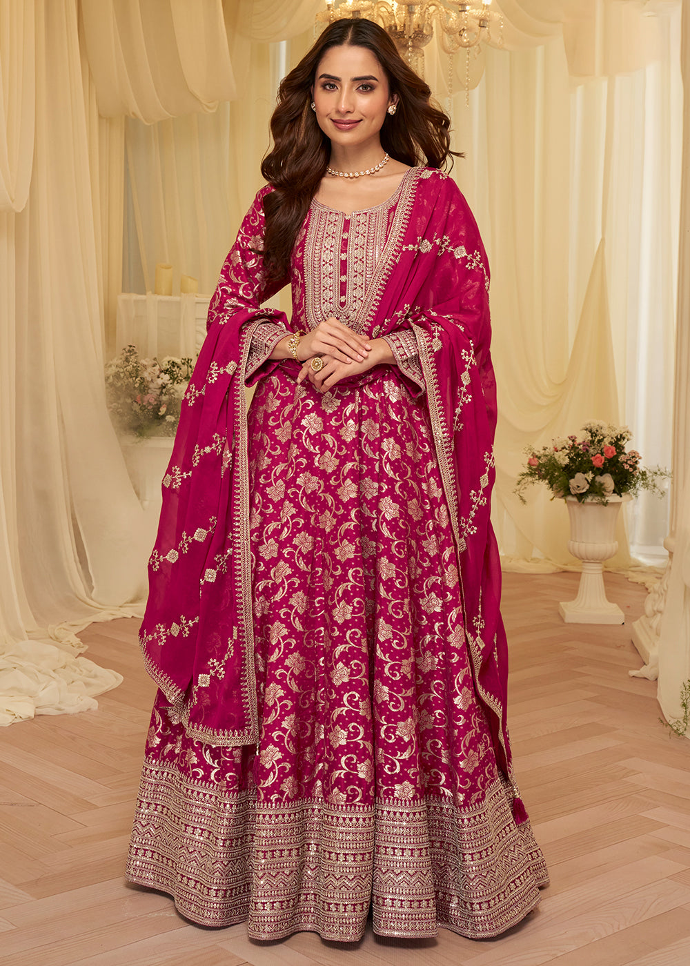 Pink Viscose Jacquard Silk With Embroidery Work Anarkali Suit