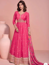 SHOCKING PINK ANARKALI GOWN IN CHINON SILK WITH DUAL EMBROIDERY