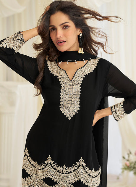 Black Handwork Embroidered Pant Style Suit