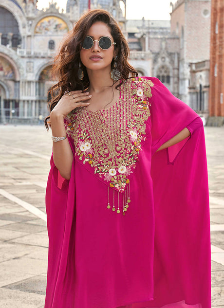Rani Pink Crepe Silk Zari Beads Sequins Zardosi