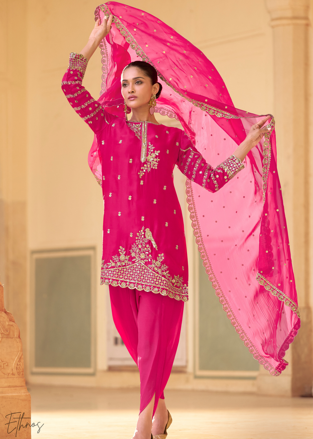 Hot Pink Crepe Silk Dhoti Suit