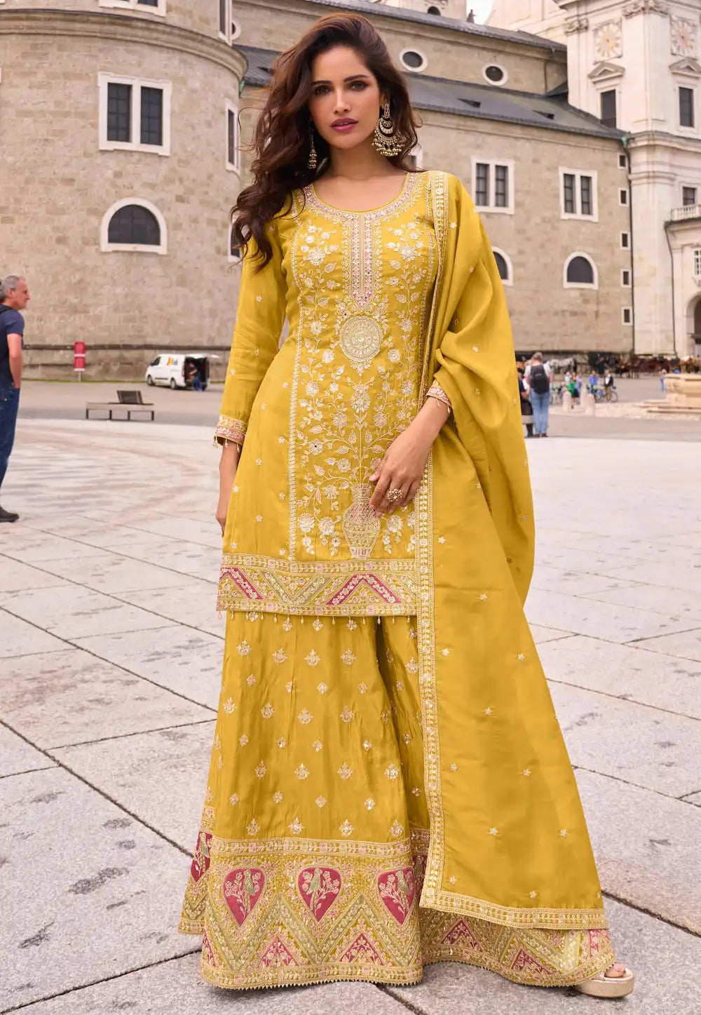 Mustard Shimmer Palazzo Suit