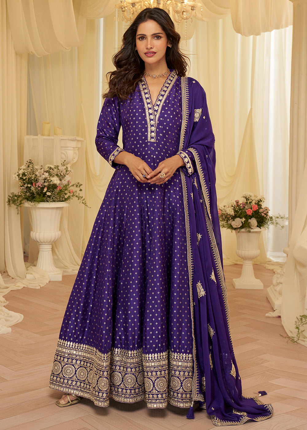 Violet Viscose Jacquard Silk With Embroidery Work Anarkali Suit