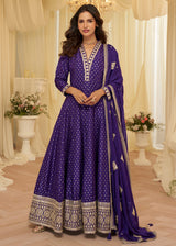 Violet Viscose Jacquard Silk With Embroidery Work Anarkali Suit