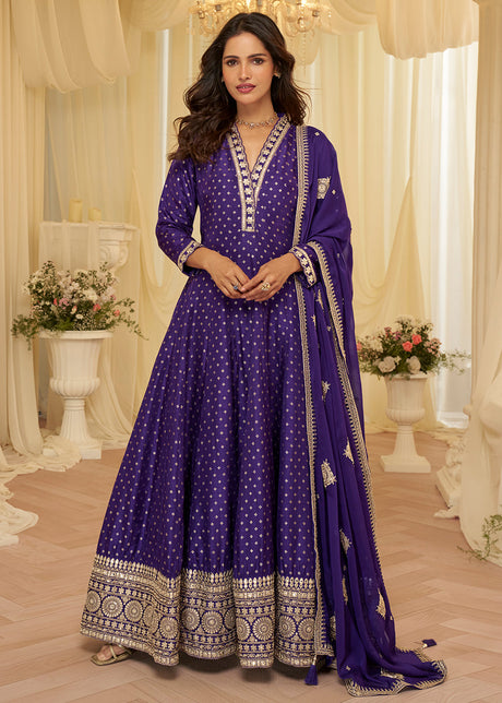Violet Viscose Jacquard Silk With Embroidery Work Anarkali Suit