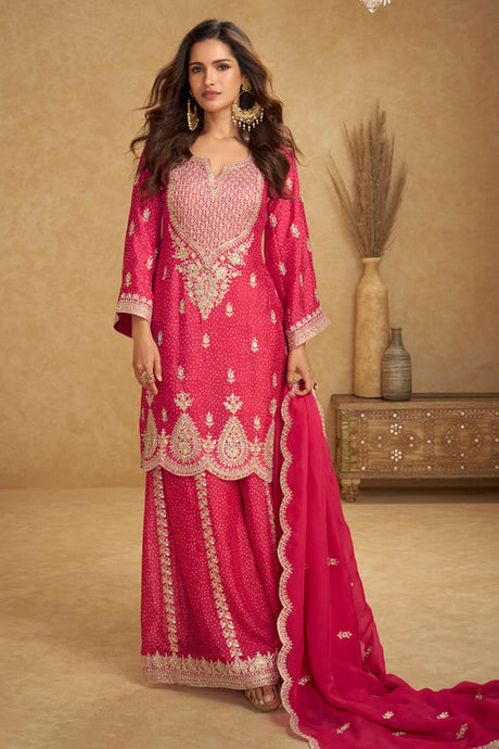 Pink  Embroidered Chinon Suit