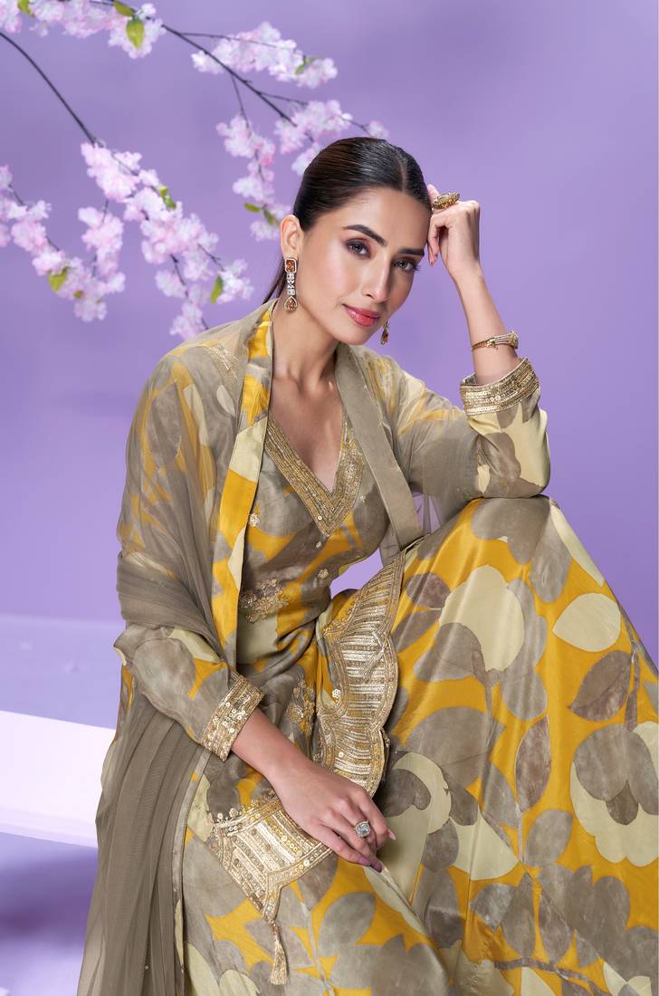 Multicolor Embroidered Chinon Palazzo Suit