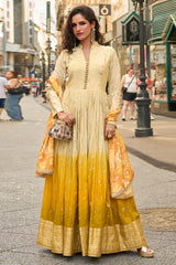 Deep Ivory & Yellow Mustard Ombre Tissue Silk Anarkali Dress with Yellow Floral Dupatta