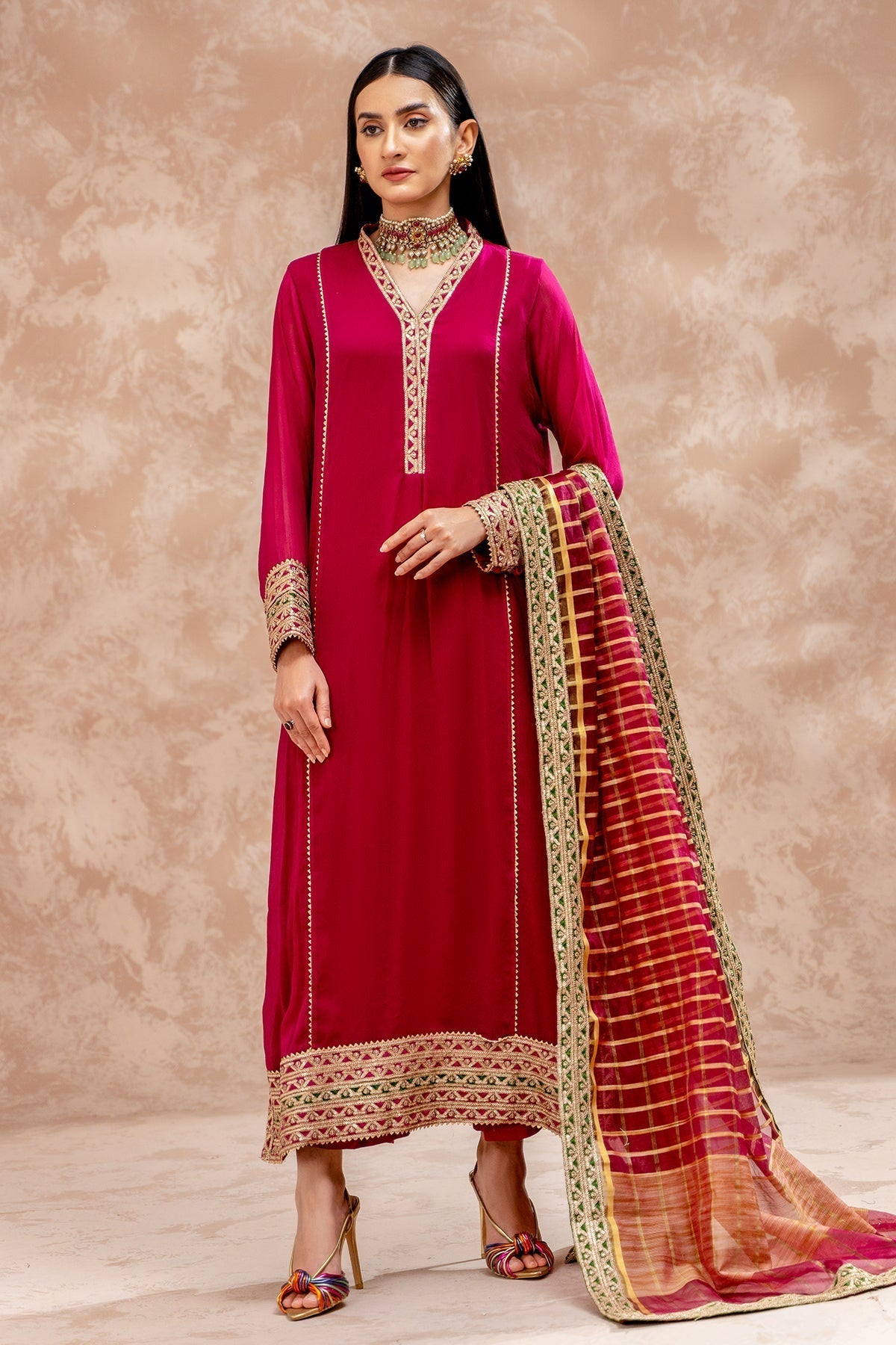 3-PC Embroidered Raw-Silk Suit by Charizma