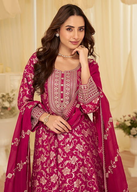Pink Viscose Jacquard Silk With Embroidery Work Anarkali Suit