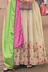 Ivory Tissue Silk Anarkali Dress with Pink & Green Bandhani Dupatta