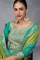 Green Chinon Suit With Bandhej Print