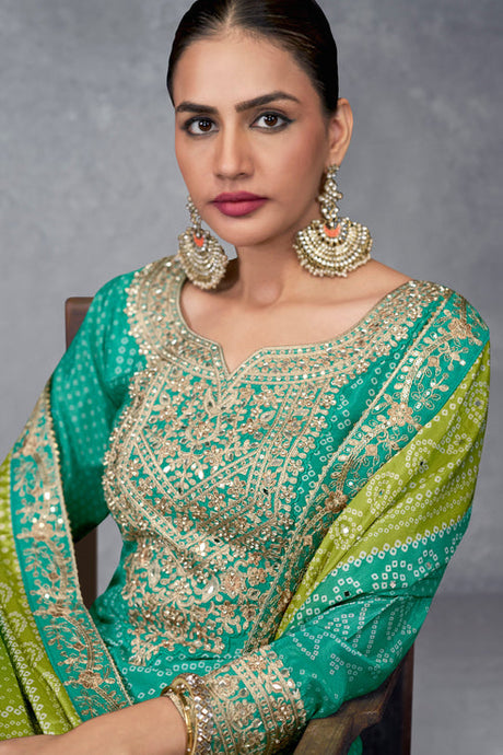 Green Chinon Suit With Bandhej Print
