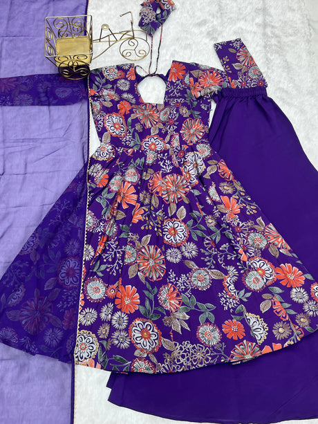 Purple Elegant Roman Silk Chanderi Kediya Kurta Set with Dupatta & Palazzo