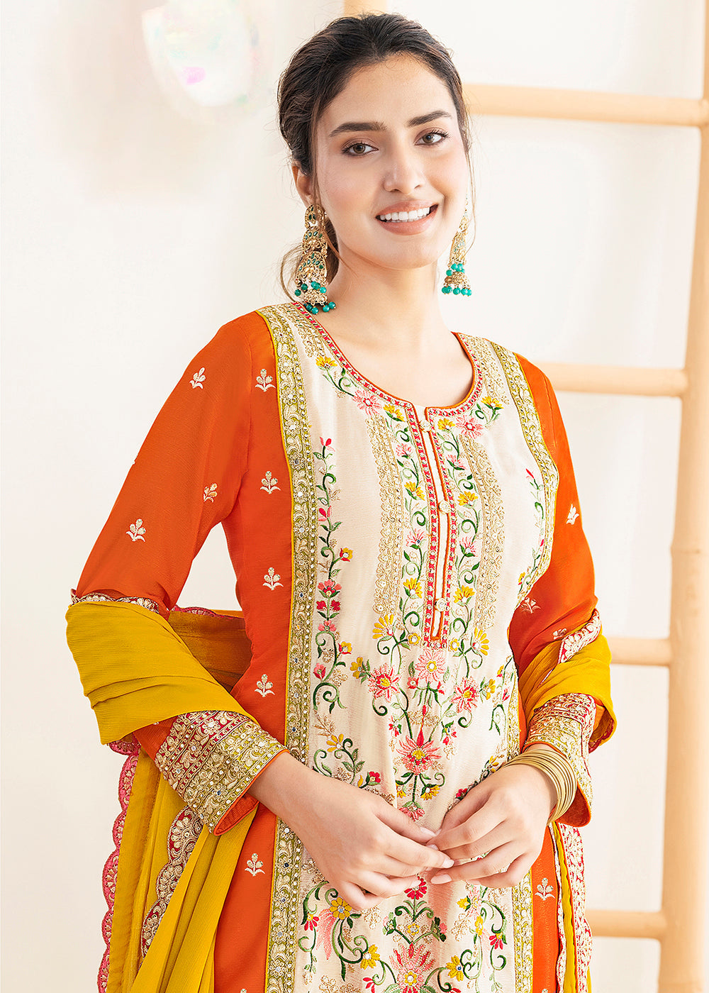 Cream & Orange Dabka Dori & Mirror Pant Style Suit