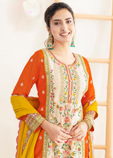 Cream & Orange Dabka Dori & Mirror Pant Style Suit
