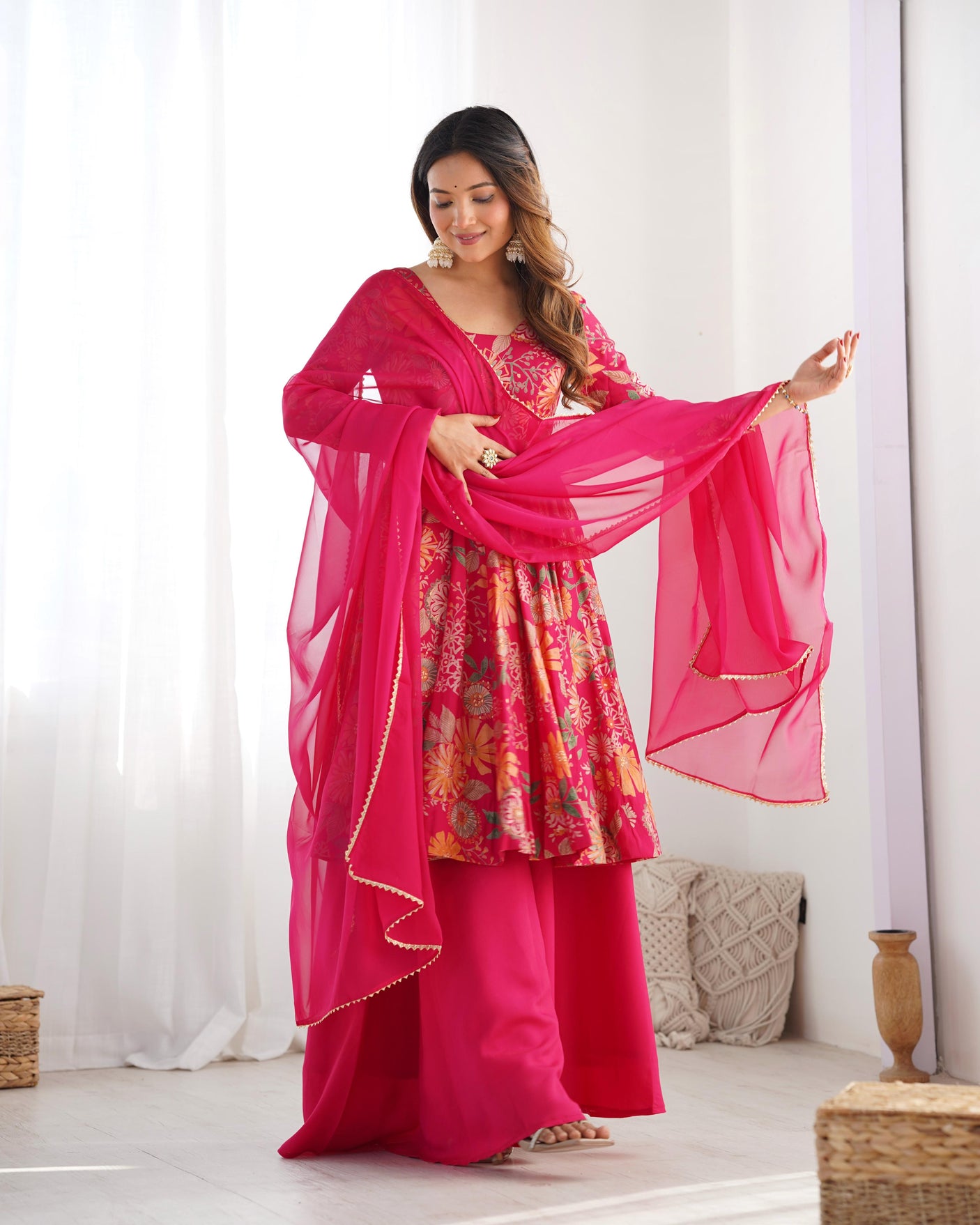 Rani Pink Color Raman silk Printed Plazzo Suit