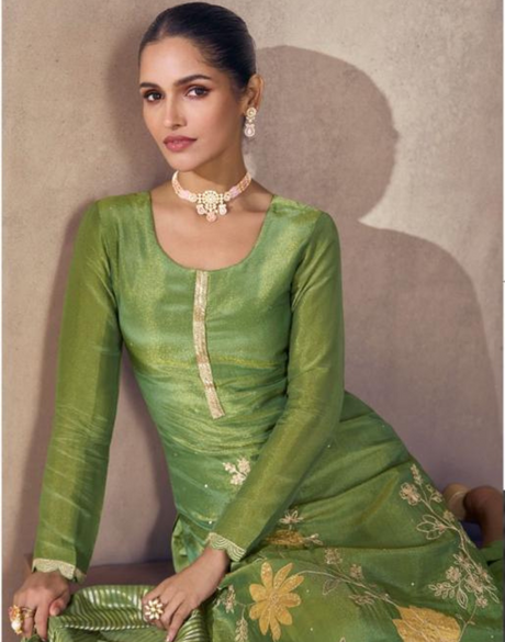 Premium Green Real Simar Silk Embroidered Top with Digital Chinon Silk Dupatta & Pant Set