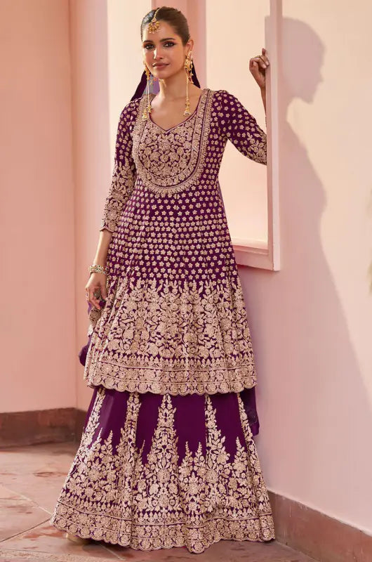 Wine Georgette Kurti Lehenga With Zari Detail