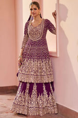Wine Georgette Kurti Lehenga With Zari Detail