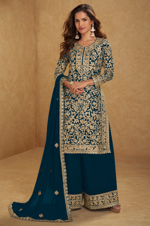 Teal Blue  Embroidered Georgette Suit