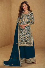 Teal Blue  Embroidered Georgette Suit