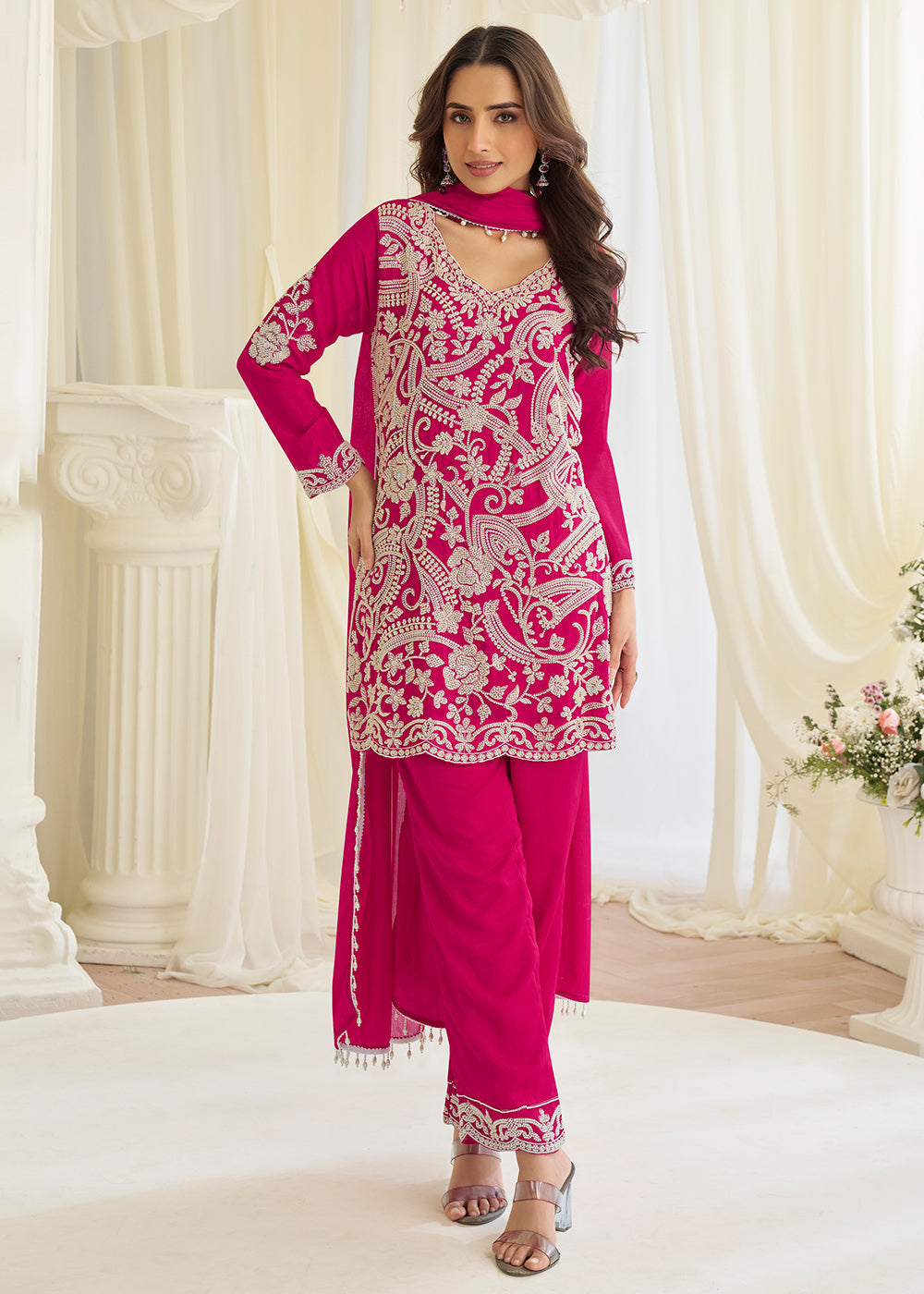 Pink Premium Chinnon Silk & Georgette, Pant Style Salwar Suit
