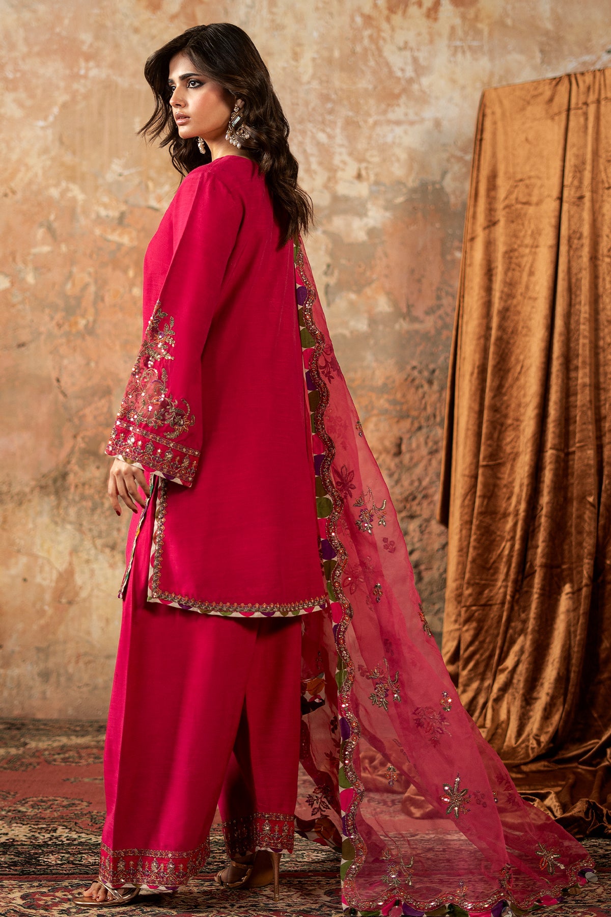 3-PC Embroidered Raw-Silk Suit By Charizma
