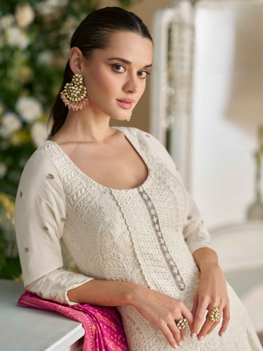 Ivory White Real Georgette Chikankari Anarkali Suit with Dupatta
