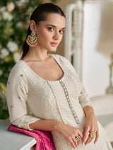 Ivory White Real Georgette Chikankari Anarkali Suit with Dupatta