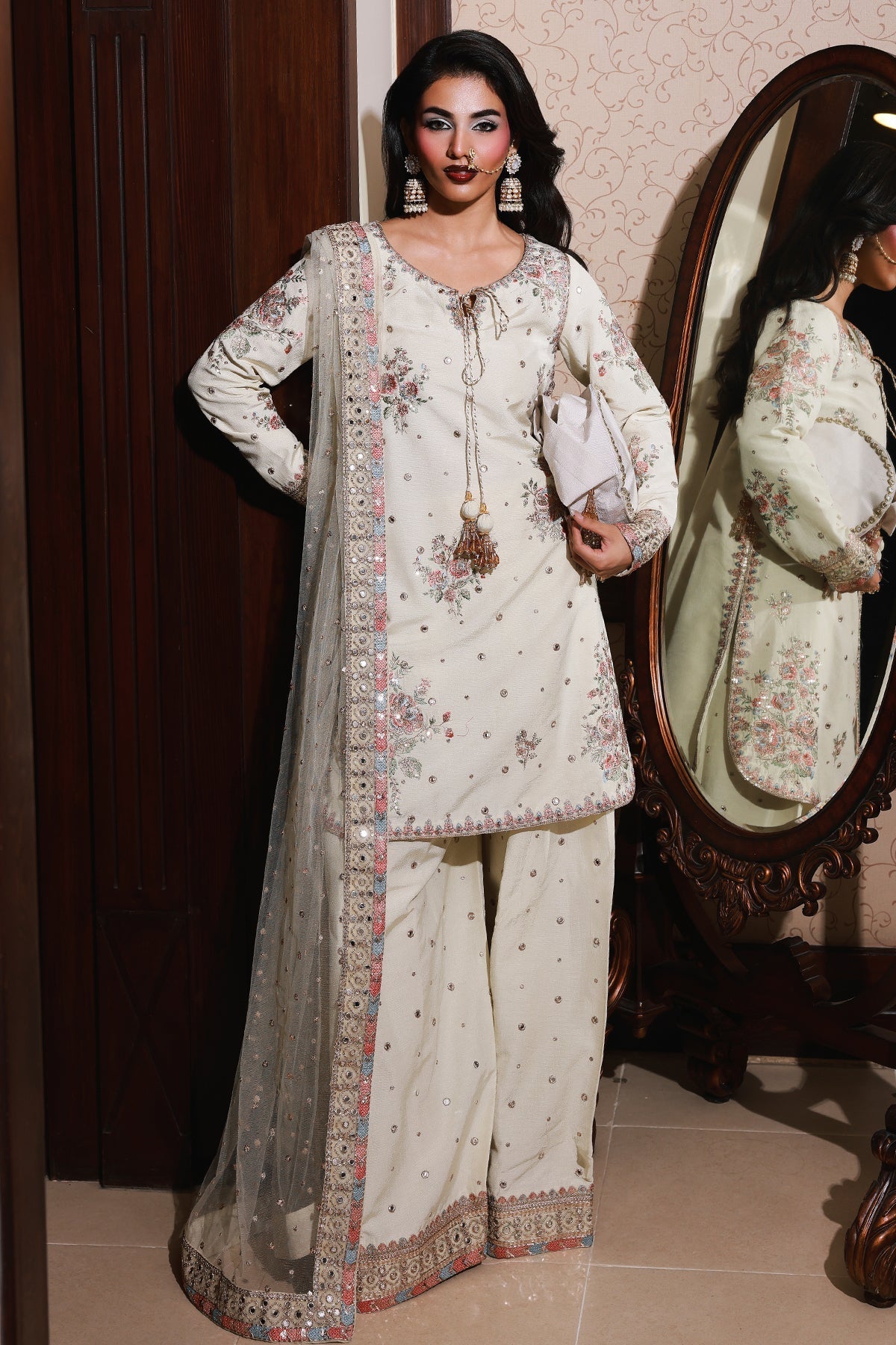 3-PC Embroidered Raw-Silk Suit by Charizma