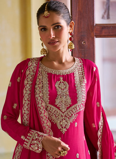 Magenta Embroidered Silk Anarkali Pant Suit