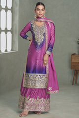 Purple Pink  Embroidered Chinon Silk Suit