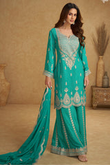 Green Embroidered Chinon Suit