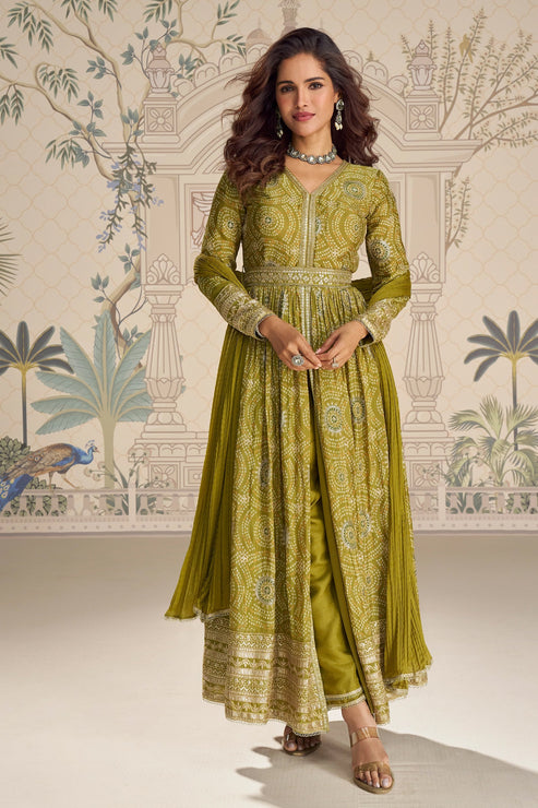 Green Embroidered Chinon Silk Suit