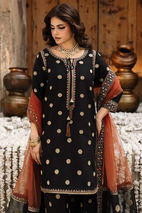 3-PC Embroidered Raw-Silk Suit By Charizma
