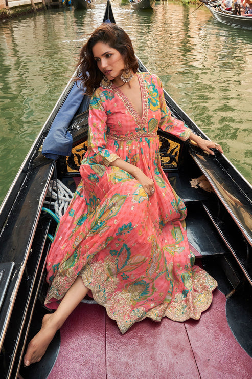 Pink Chinon Silk Gown with Dupatta