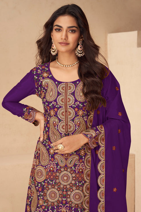 Purple Embroidered Chinon Suit