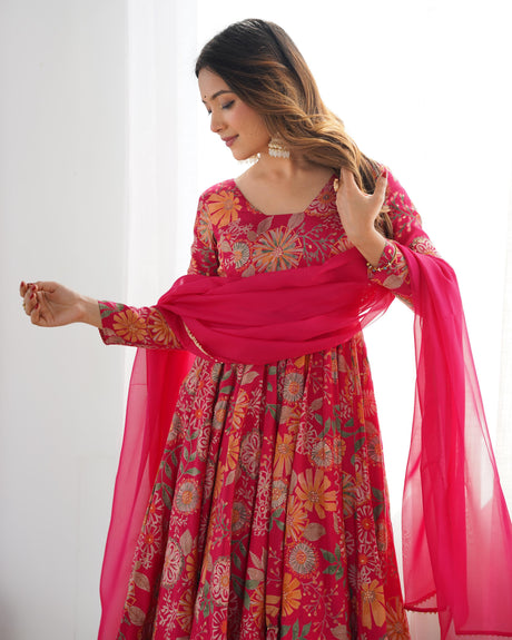 Rani Pink Color Raman silk Printed Plazzo Suit