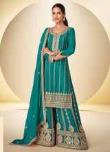 Teal Blue Chinon Embroidered Sequins Palazzo Suit Festive Wear