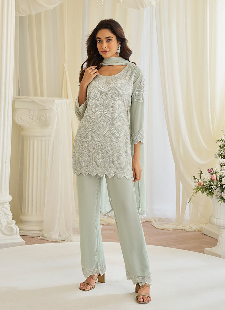 Pastel Green Handwork Embroidery Pant Style Suit