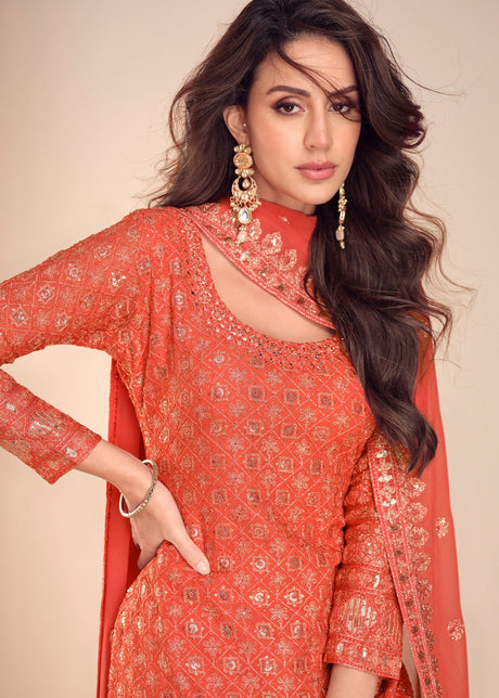 Coral Orange Georgette Gharara Suit