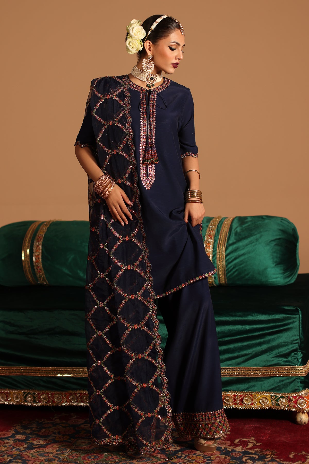3-PC Embroidered Raw-Silk Suit by Charizma