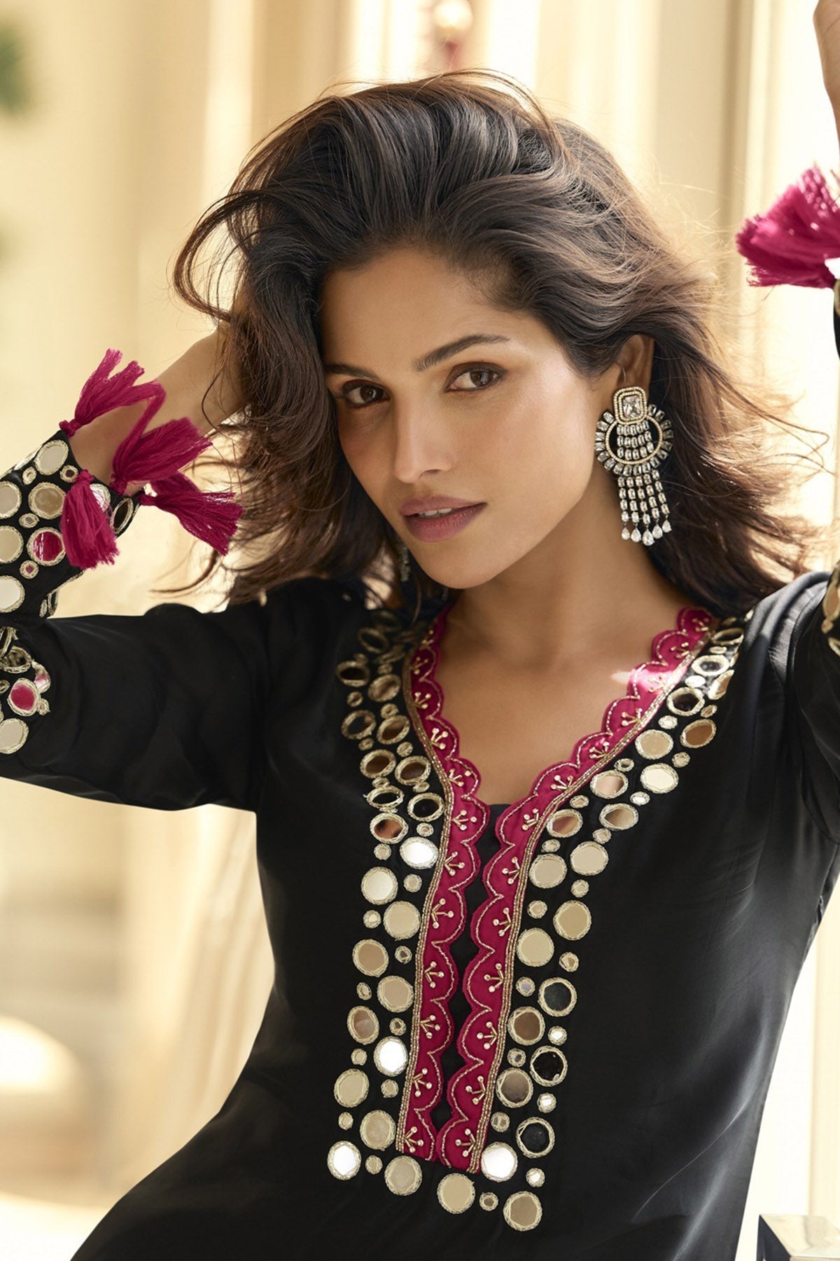 Black Vichitra Silk Kurta Set