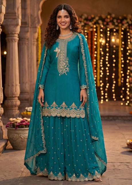 Peacock Blue Tora Silk Embroidered With Palazzo