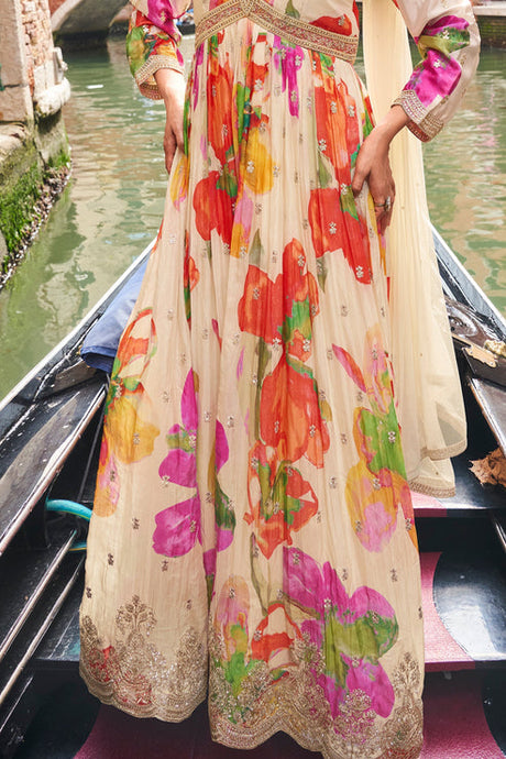 Cream Chinon Silk Gown with Dupatta