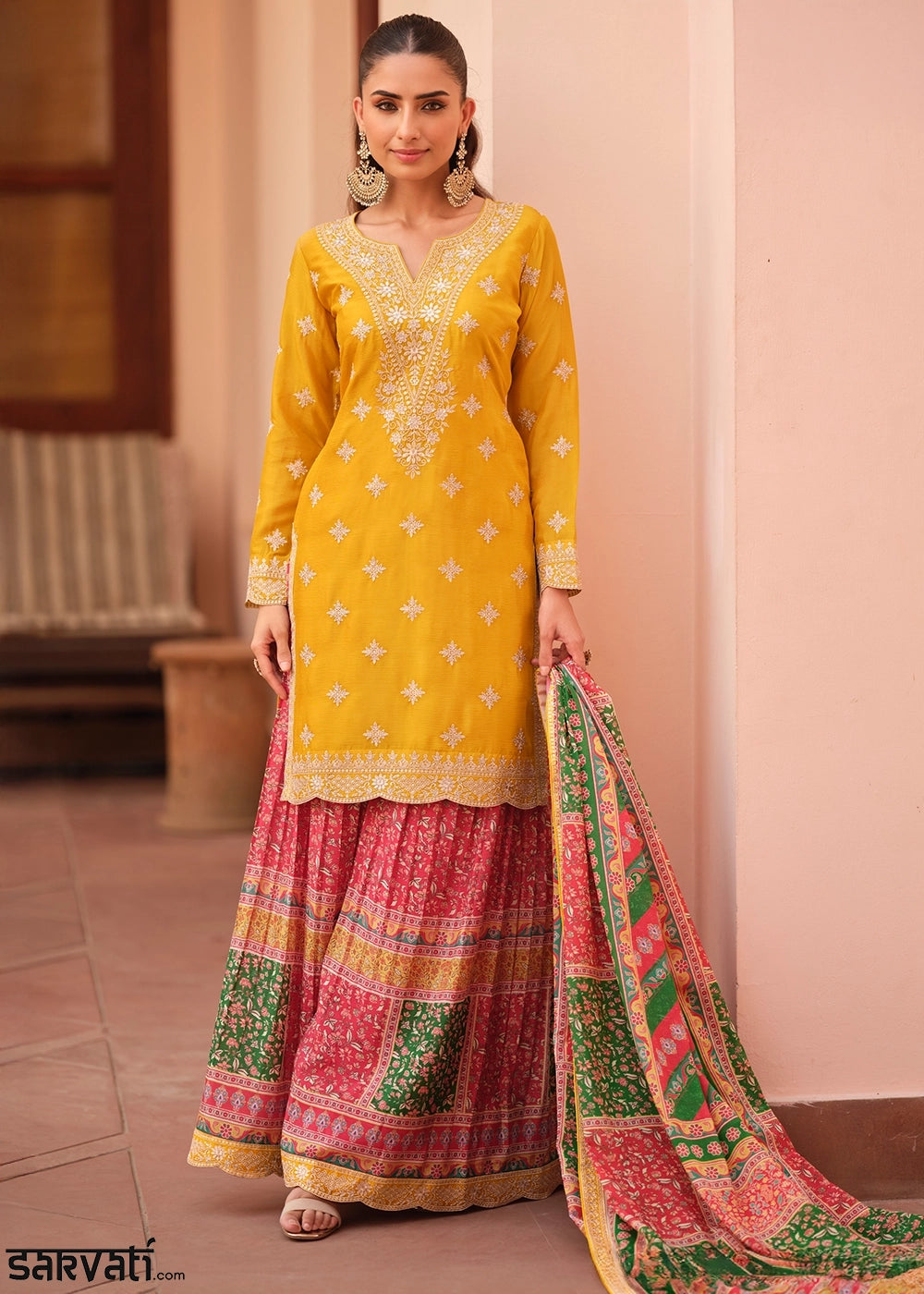 Canary Yellow Embroidered Chinon Silk Kurta