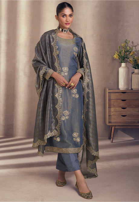 Embroidered Art Silk Suit in Dusty Blue